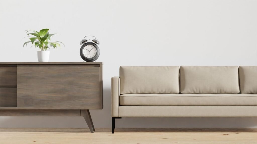 Minimal neutral living room with beige seating, wood furniture, and a potted plant.