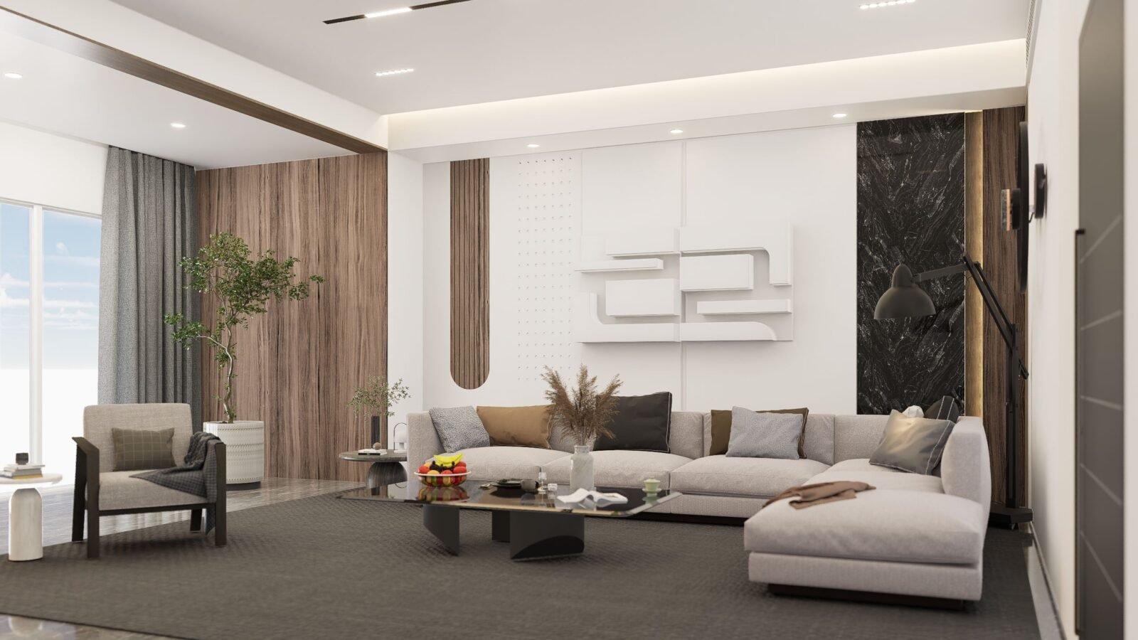 Elegant neutral living room with layered beige tones, wood accents, plants, and natural light.