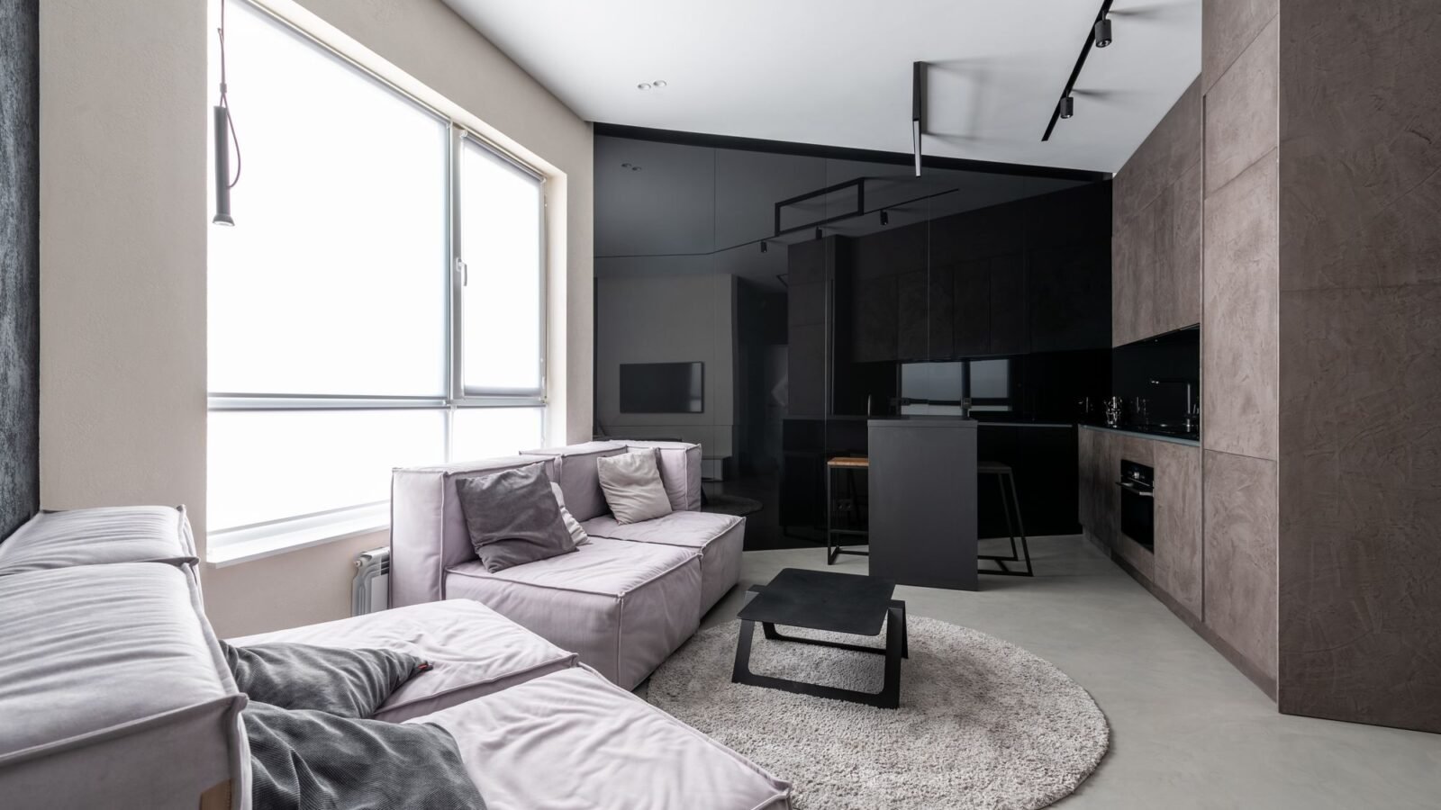 Modern apartment living room with compact seating, neutral colors, and an open layout.