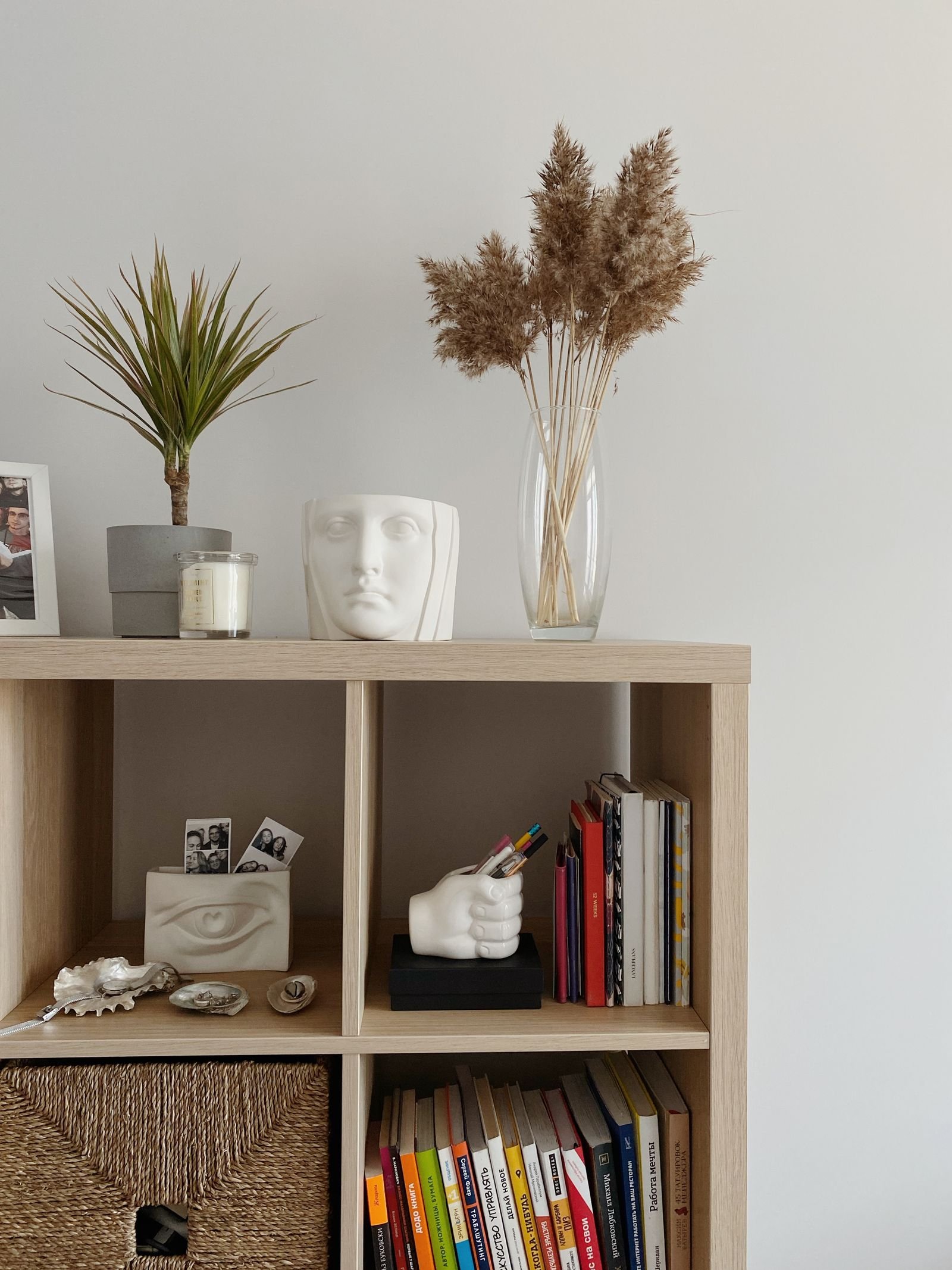 Styled minimalist bookshelf with books, plants, and decorative objects